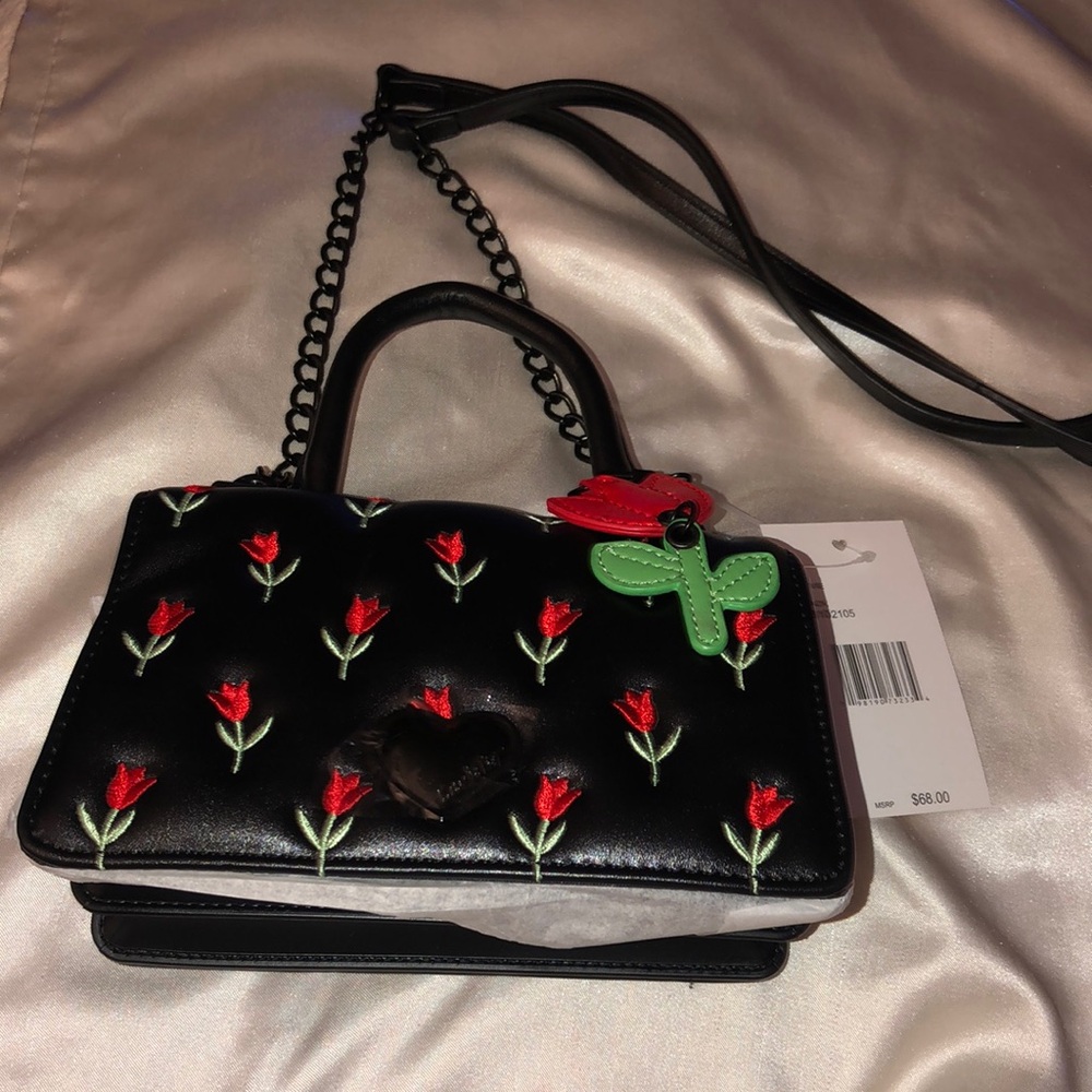 Betsey Johnson Black Faux Leather Crossbody Embroidered Red & Green Tulips NWT